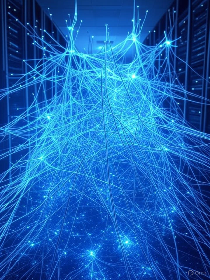 Ultra-realistic 8K image of a futuristic AI neural network glowing with blue energy circuits, abstract representation of LLM architecture, high-tech data centers in background.