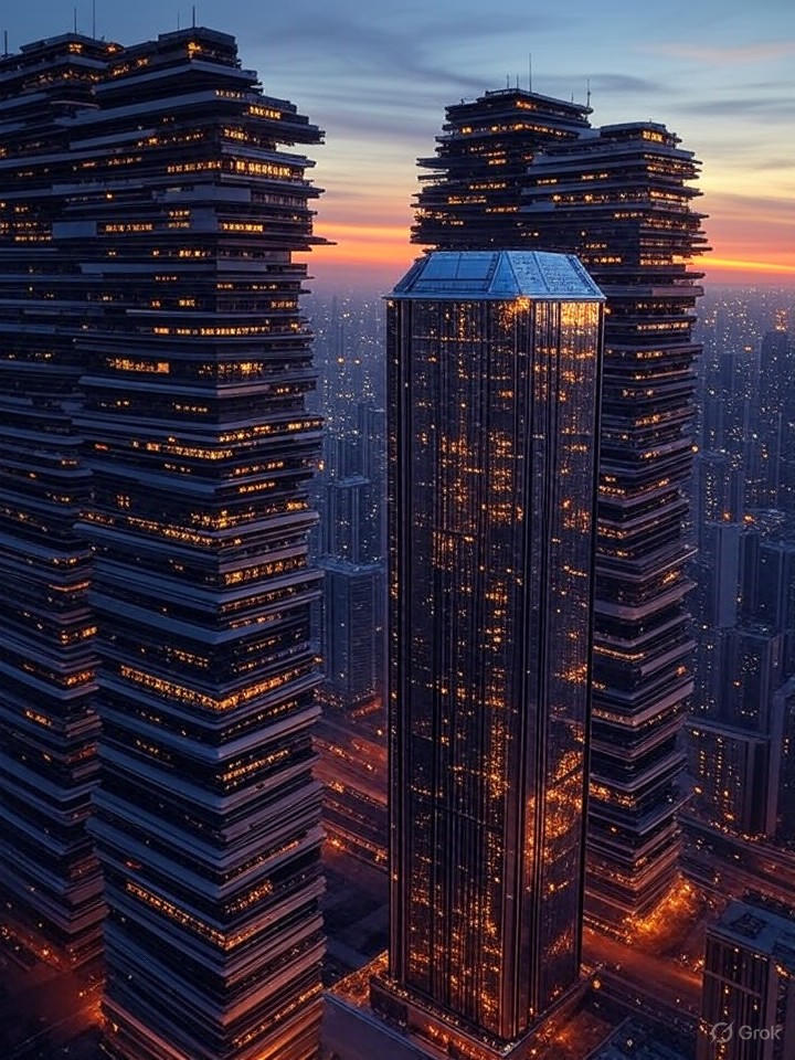 Ultra-realistic 8K futuristic cityscape where buildings are shaped like transformer layers, AI-integrated urban planning.