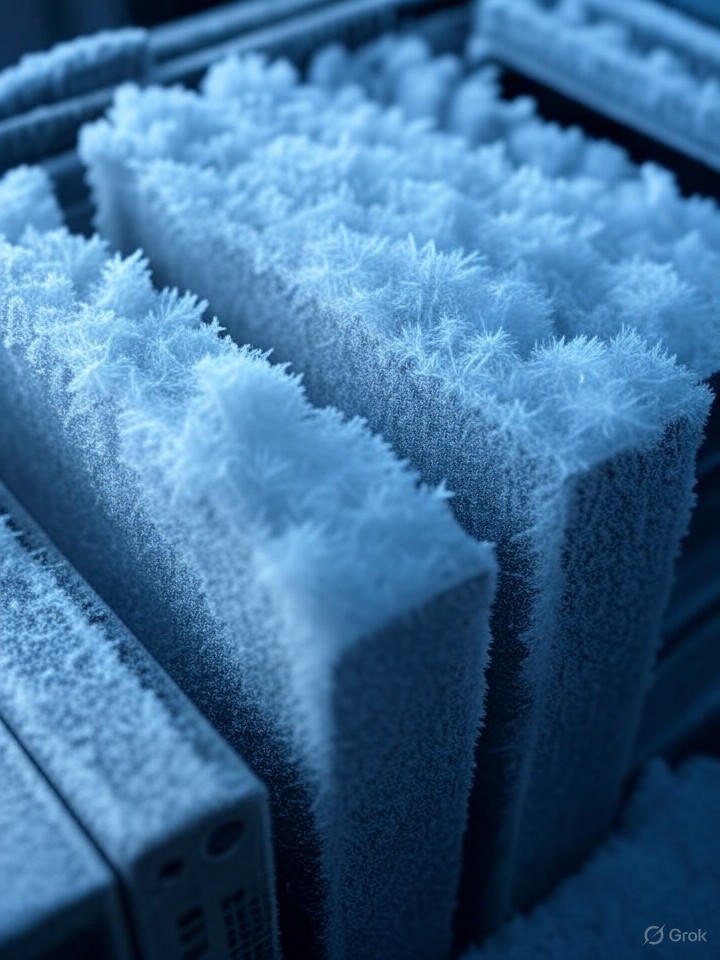 Ultra-realistic 8K close-up of energy-efficient cooling systems for supercomputers, frost patterns on hardware during LLM training.