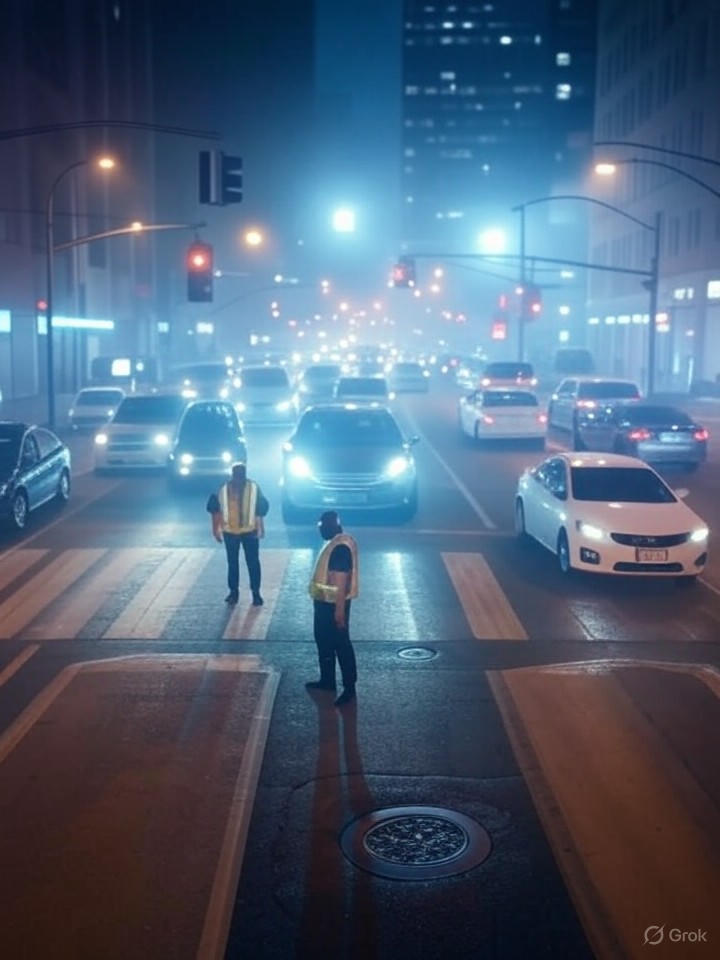 Ultra-realistic 8K image of smart city traffic agents optimizing signals at a busy intersection, with vehicles flowing smoothly under AI control.