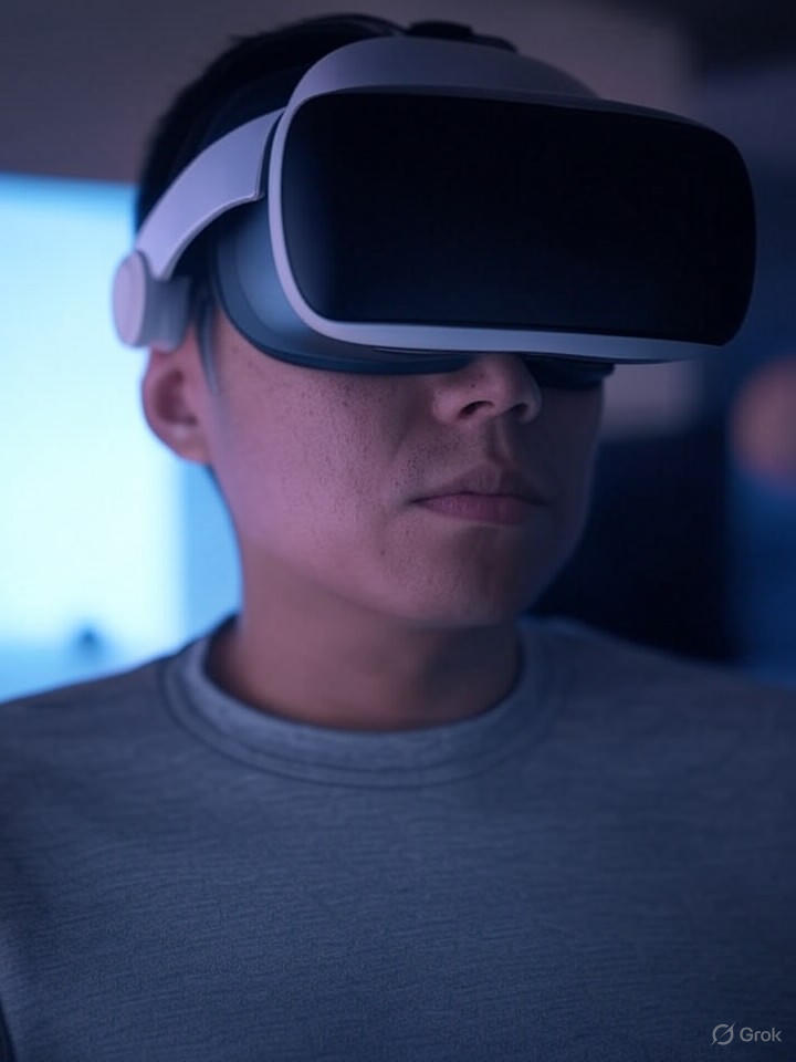 Ultra-realistic 8K scene of multimodal AI processing video and text, a virtual reality headset displaying integrated outputs.