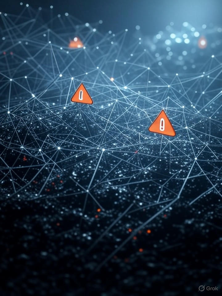 Ultra-realistic 8K image of challenges in Agentic AI, showing a fragmented network with ethical barriers and bias warning signs in a digital landscape.