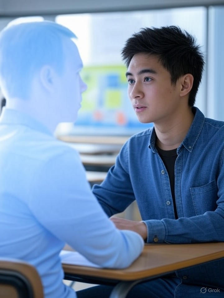 Ultra-realistic 8K vision of personalized education with AI tutor, student interacting with holographic Claude model in classroom.