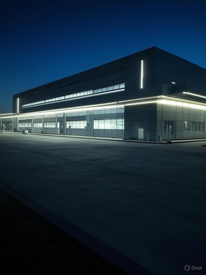 Ultra-realistic 8K dramatic landscape of AI transforming industries, factories evolving into smart ecosystems under starry sky.