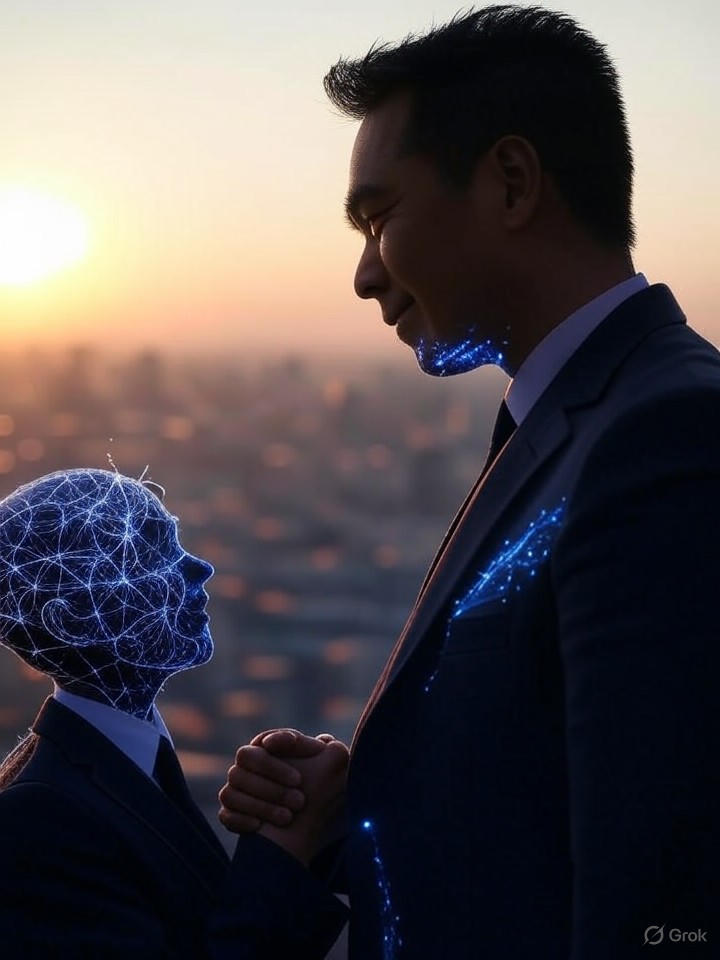 Ultra-realistic 8K concluding image of human-AI symbiosis, hands shaking with digital neural extensions, hopeful dawn background.