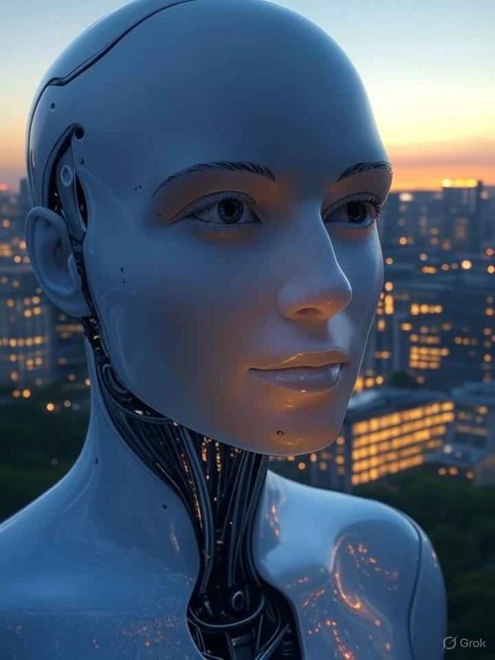 Ultra-realistic 8K image of the conclusion of Agentic AI evolution, depicting a harmonious blend of human and machine intelligence in a utopian cityscape.