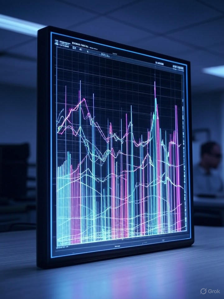 Ultra-realistic 8K close-up of a holographic display showing benchmark charts for MMLU scores, with graphs rising dramatically, sci-fi office setting.