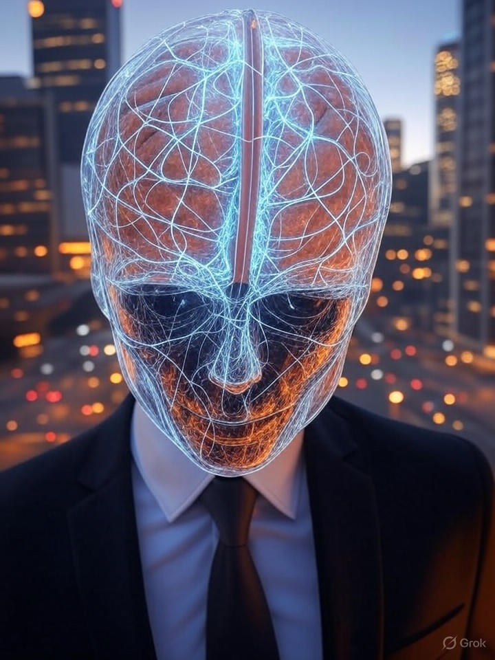 Ultra-realistic 8K image of an AI agent with a brain-like neural structure, processing environmental sensors in a bustling urban smart city environment at dusk.