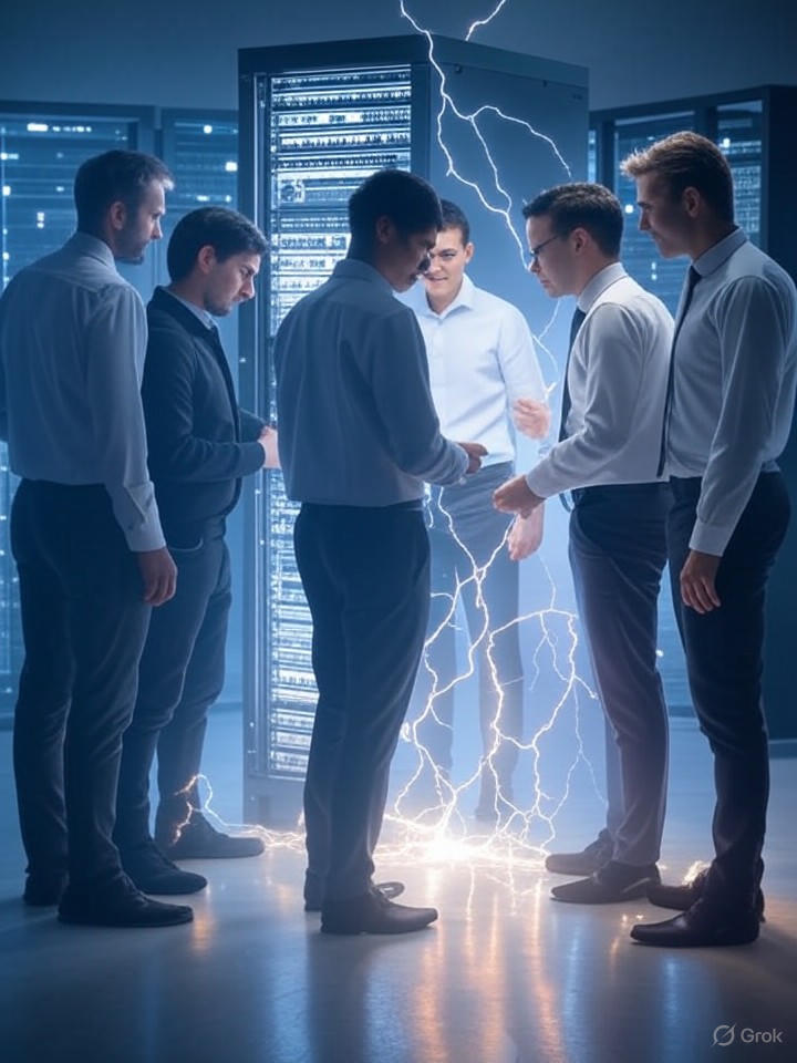 Ultra-realistic 8K depiction of engineers collaborating around a massive server rack training an LLM, sparks of data flowing like lightning.