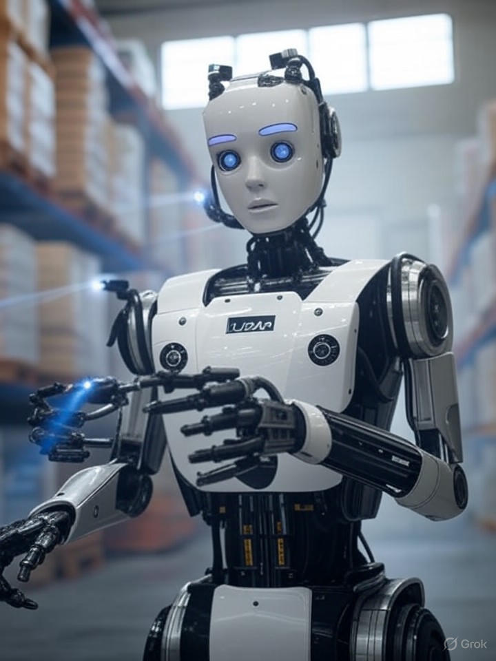 Ultra-realistic 8K image of a robotic agent in a warehouse, sensing surroundings with LIDAR beams and planning optimal paths among shelves filled with goods.