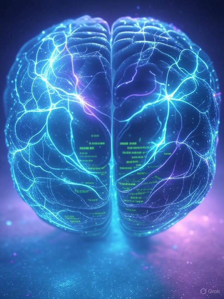 Ultra-realistic 8K image of a brain merged with digital code, symbolizing language model learning, ethereal lighting and neural pathways.