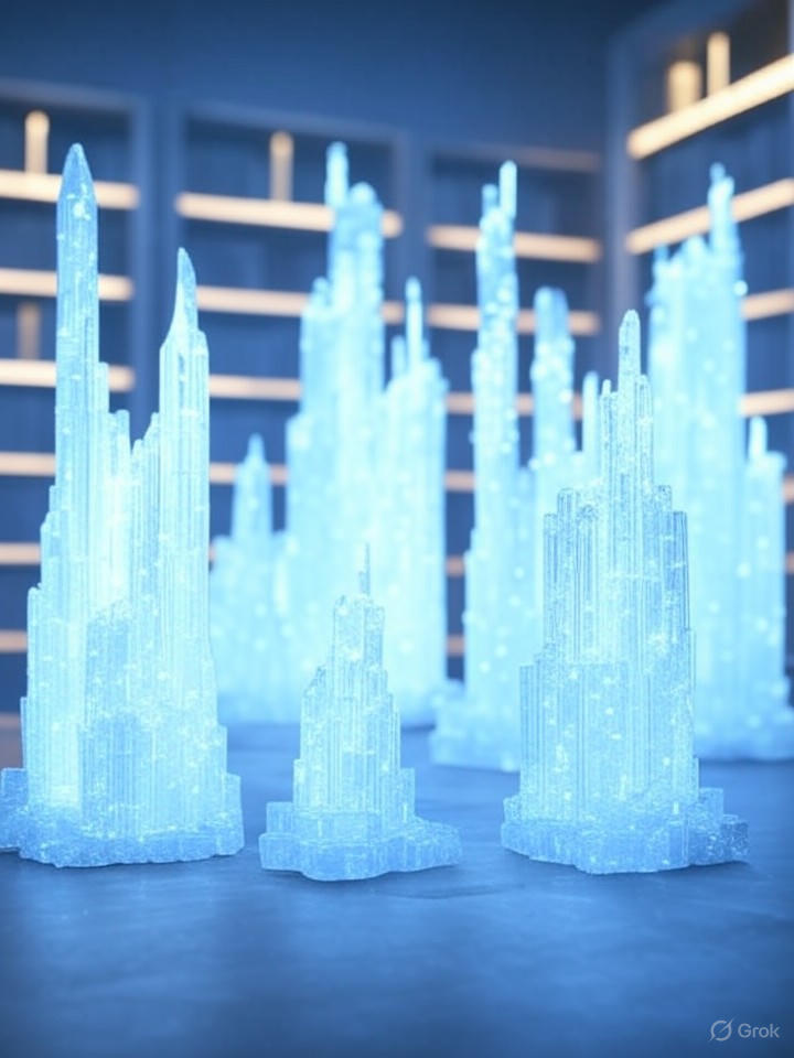 Ultra-realistic 8K image of abstract memory modules in an AI system, depicted as crystalline data structures storing episodic events in a virtual library.