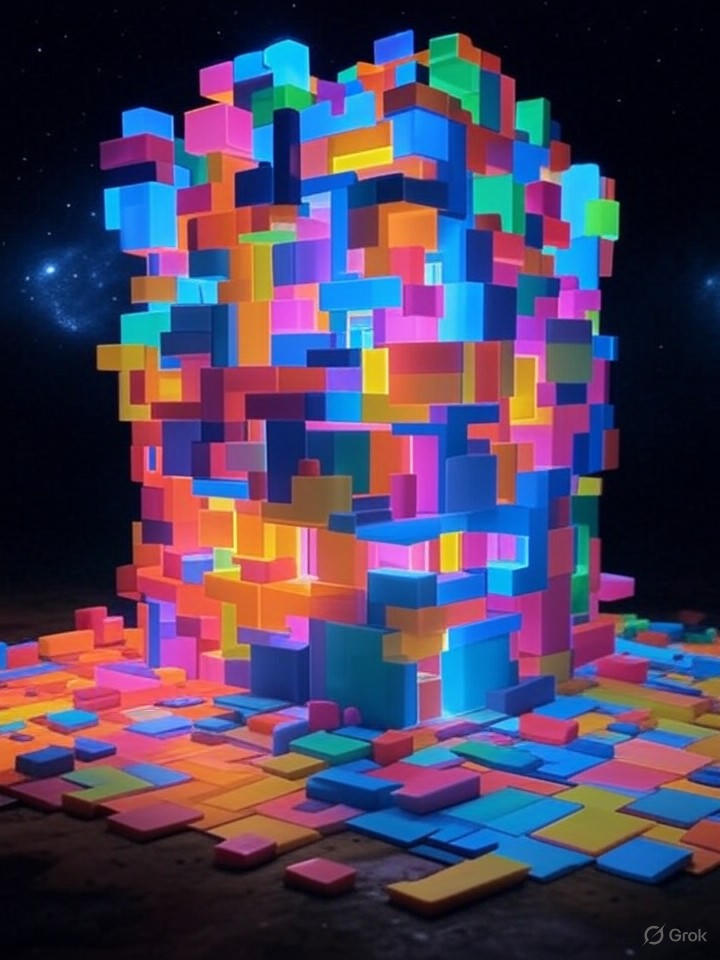 Ultra-realistic 8K visualization of mixture-of-experts architecture, colorful modular blocks assembling like puzzle pieces in a cosmic void.