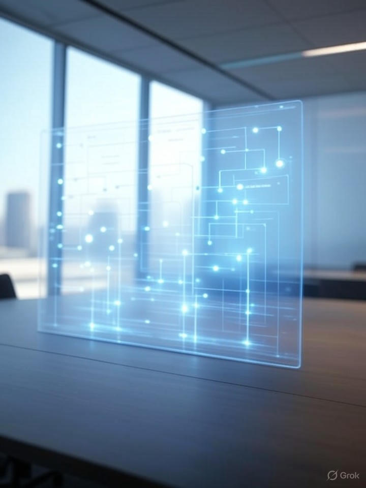 Ultra-realistic 8K image of a decision-making AI interface on a holographic display, reasoning through branching decision trees in a corporate boardroom setting.