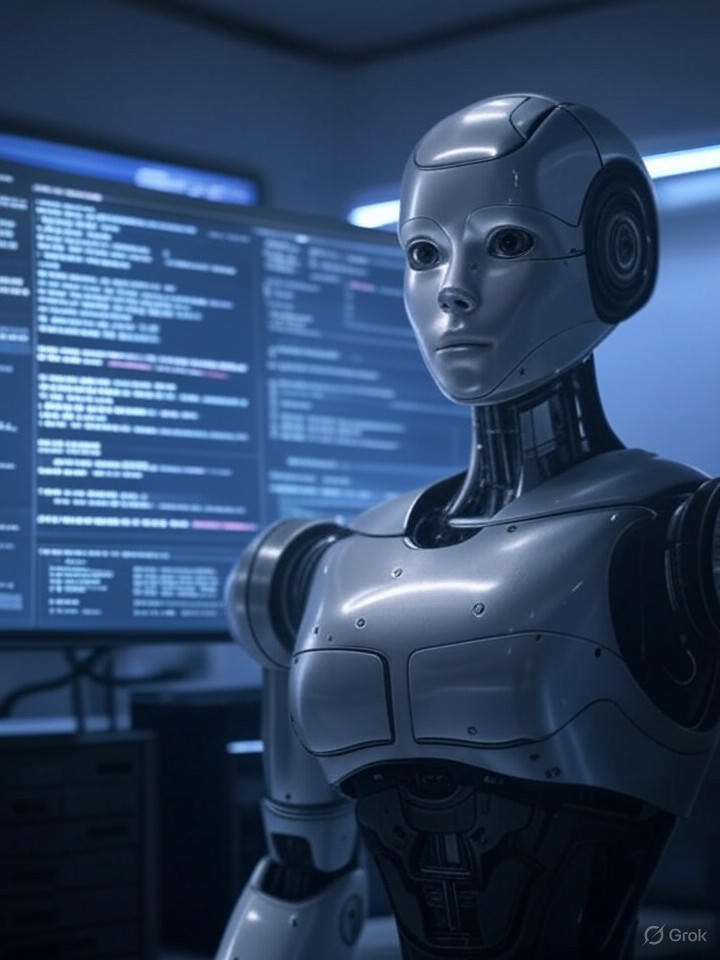 Ultra-realistic 8K scene of a robot analyzing code on a screen, representing HumanEval metrics, modern lab with glowing monitors.