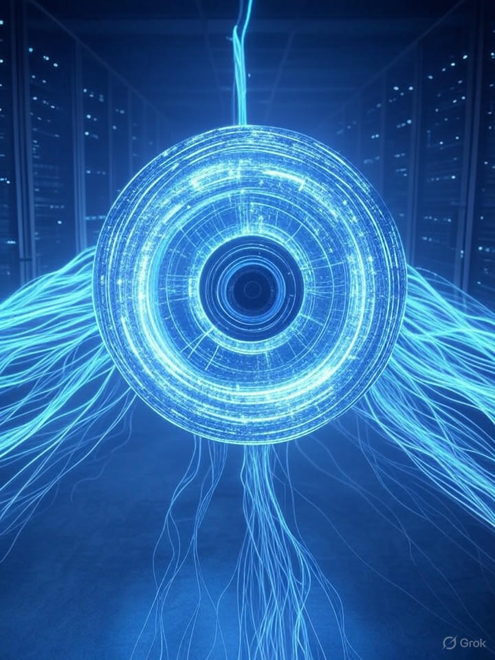 Ultra-realistic 8K panoramic view of global data streams converging into an AI core, illustrating training datasets for 2026 LLMs.