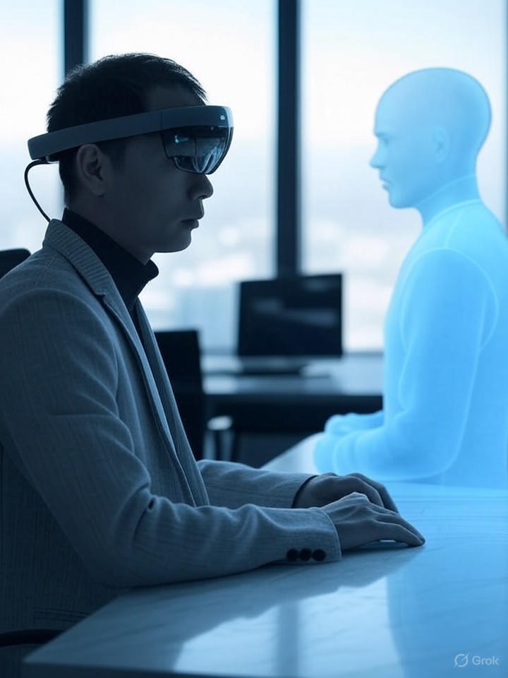 Ultra-realistic 8K image of a human collaborating with an AI agent via augmented reality glasses, discussing plans in a modern office with overlaid digital elements.