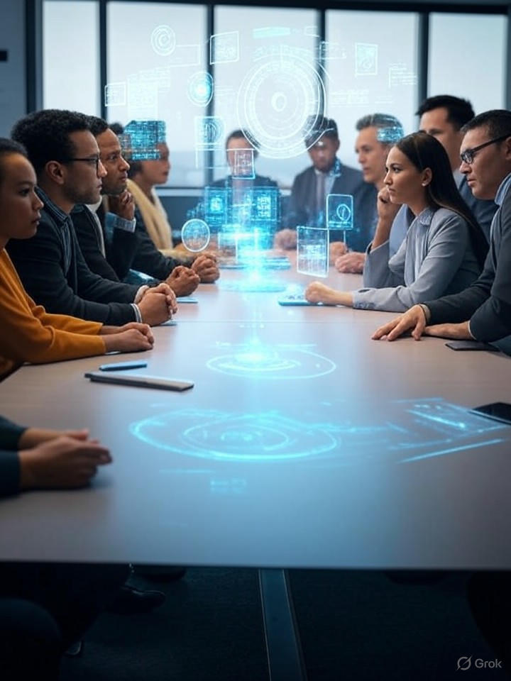 Ultra-realistic 8K portrait of a diverse team debating AI ethics, holographic ethical frameworks floating above a conference table.