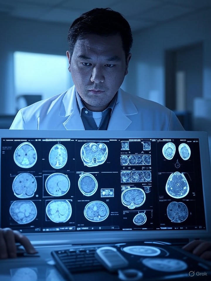 Ultra-realistic 8K image of a healthcare AI agent analyzing patient scans on a medical workstation, highlighting diagnostic reasoning pathways.