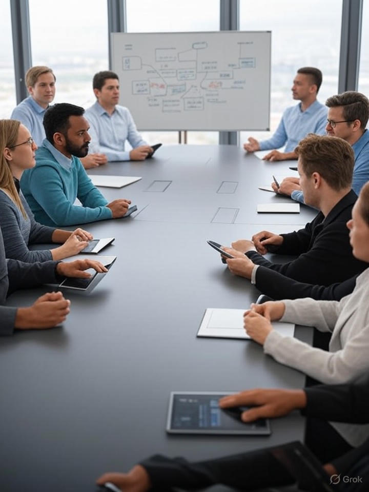 Team collaboration in modern meeting room, whiteboard with diagrams, diverse professionals brainstorming