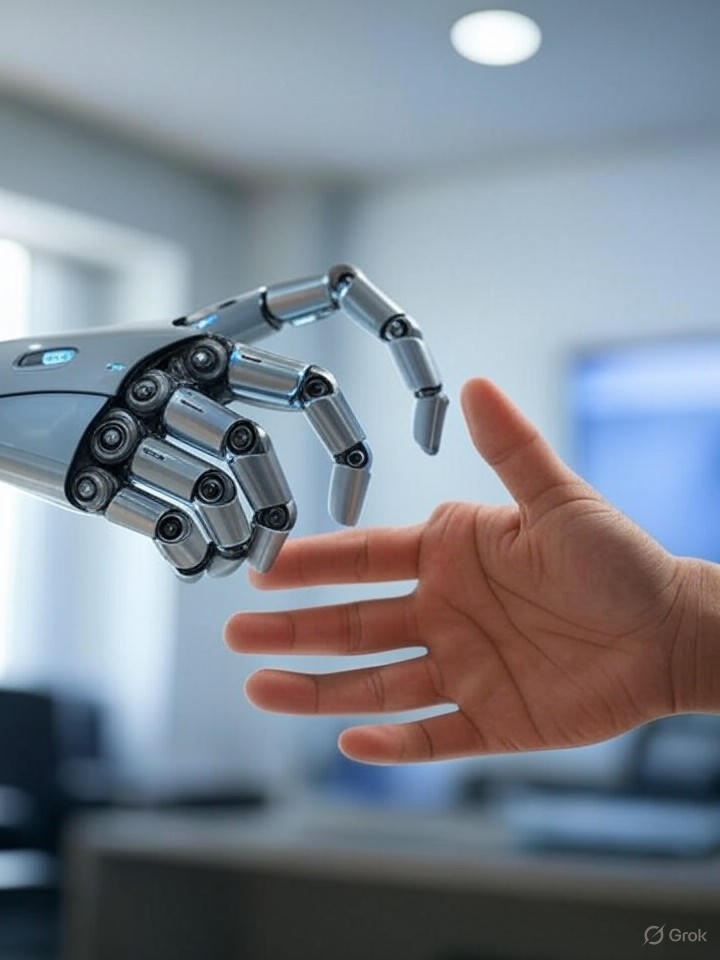 AI robot hand reaching toward human hand, futuristic technology concept, soft lighting
