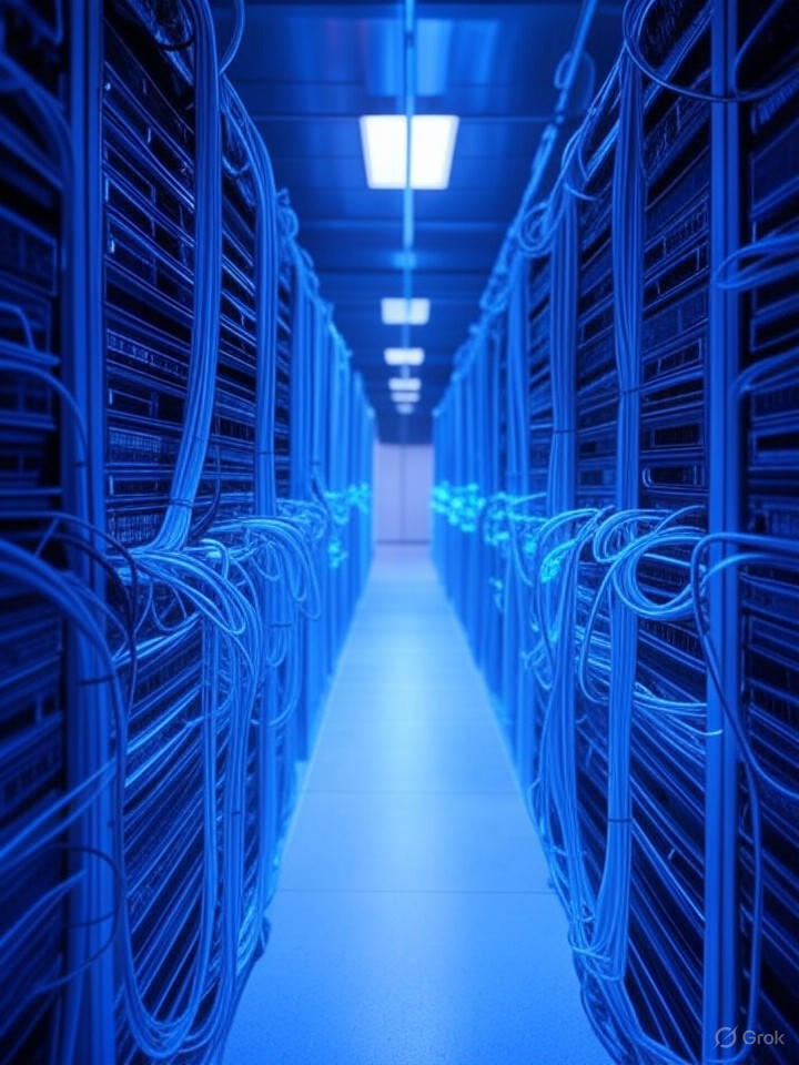 Server room with blue LED lights, organized cable management, high-tech data center