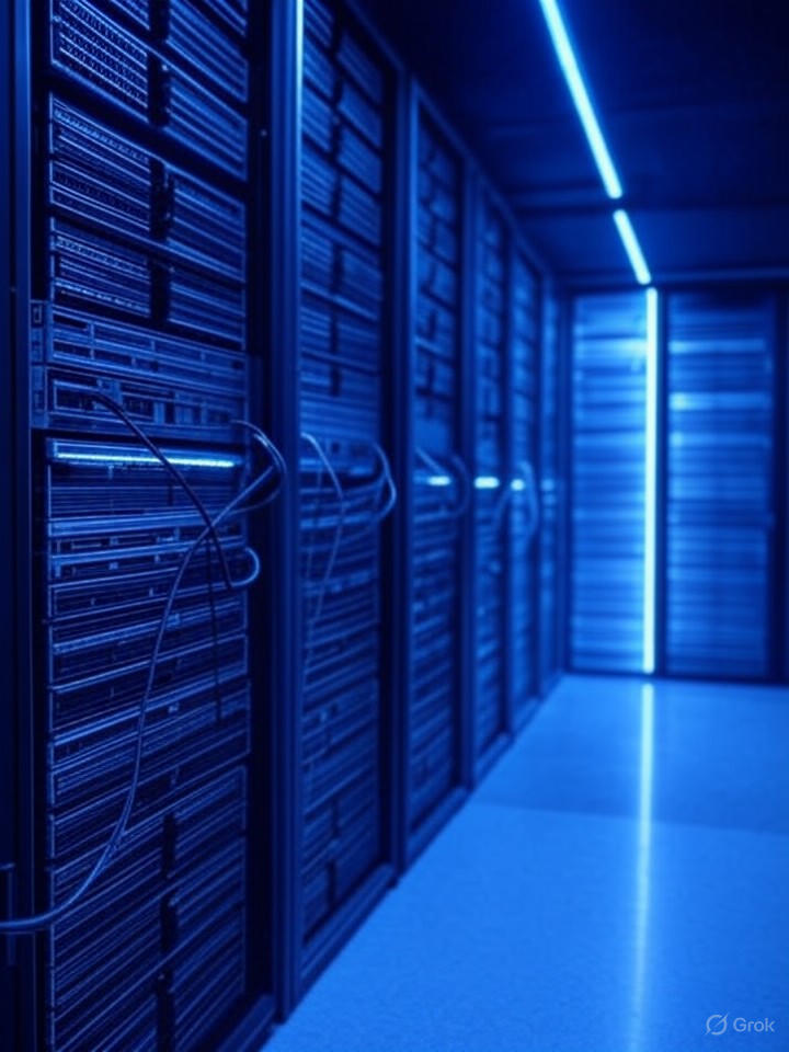 Server room with blue LED lights, organized cable management, high-tech data center