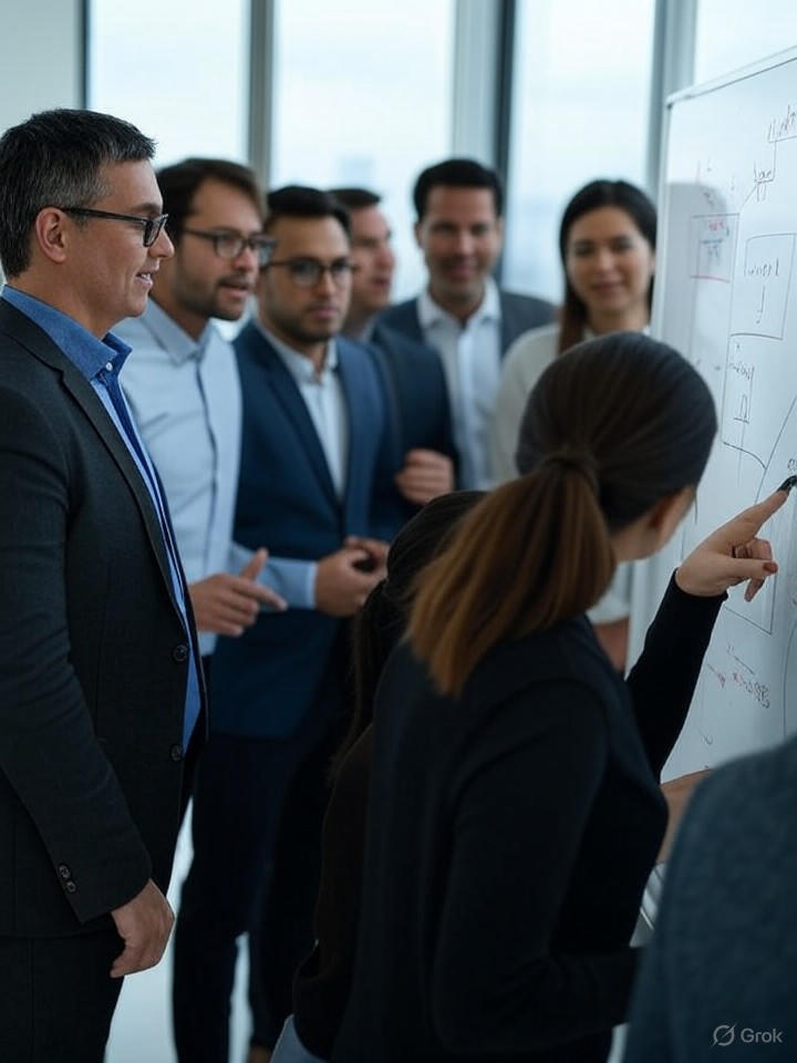Team collaboration in modern meeting room, whiteboard with diagrams, diverse professionals brainstorming