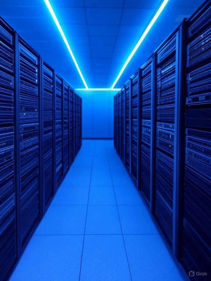 Server room with blue LED lights, organized cable management, high-tech data center