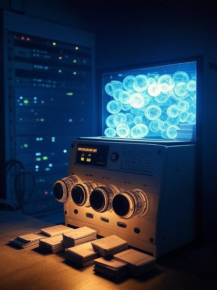 Ultra-realistic 8K token optimizer code execution, JavaScript class visualizing compression ratios, data packets shrinking in a digital compressor machine.