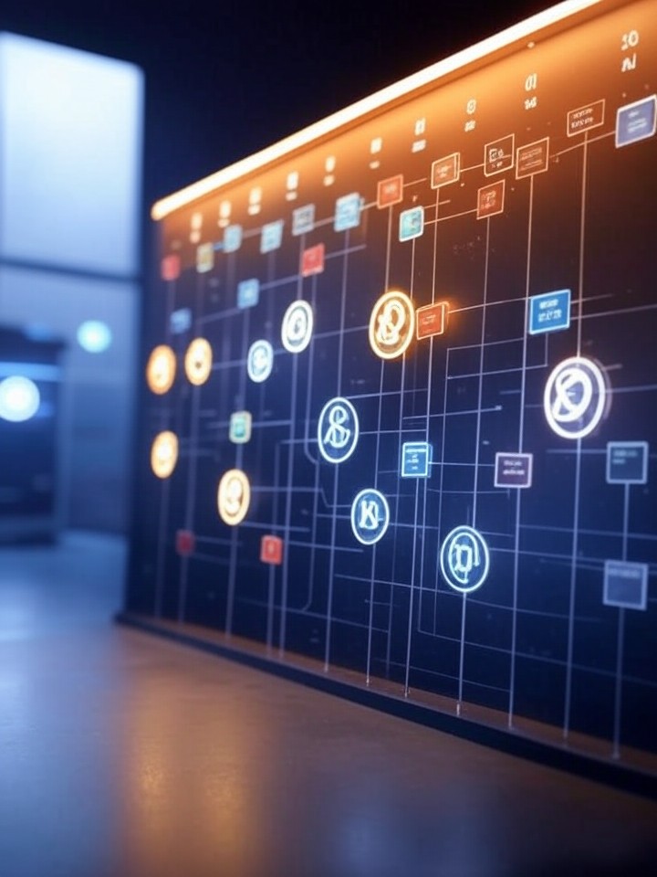 Ultra-realistic 8K roadmap timeline for AI implementation, phases unfolding in a futuristic calendar with milestones, blockchain elements integrating security.