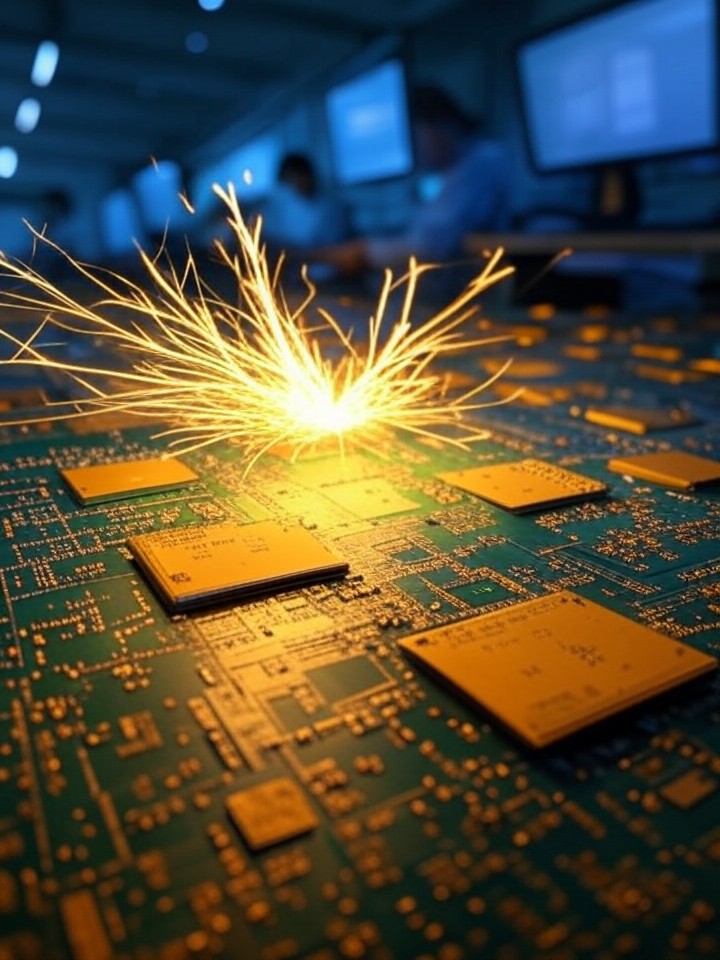 Ultra-realistic 8K close-up of AWS Trainium2 chips on a circuit board, sparks of electricity highlighting custom silicon integrations, high-tech lab environment with engineers in background.