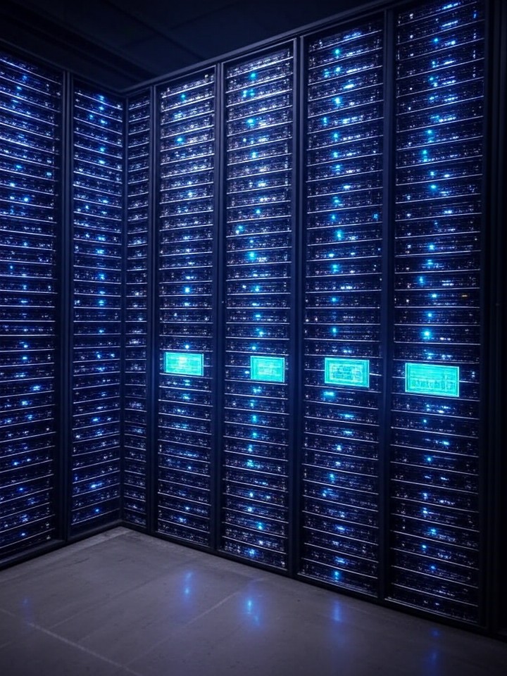Ultra-realistic 8K visualization of Project Rainier cluster, massive array of 500,000 Trainium2 chips in a vast server farm, holographic displays showing distributed computing flows.