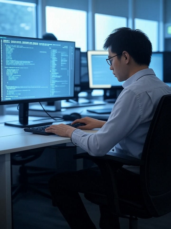 Ultra-realistic 8K depiction of developers coding on multiple screens with TypeScript and React interfaces, Claude AI assisting in real-time, modern office with AI holograms.