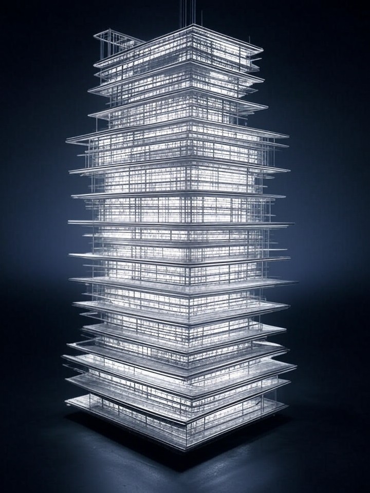 Ultra-realistic 8K transformer model architecture diagram rendered in 3D, layers of neural networks pulsing with data, abstract AI brain-like structure in a digital void.