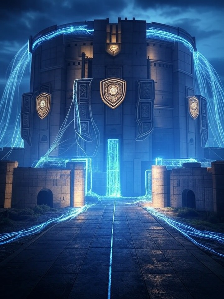 Ultra-realistic 8K API gateway fortress with rate limiting barriers, digital shields protecting data streams, cyber-security theme with locks and encrypted flows.