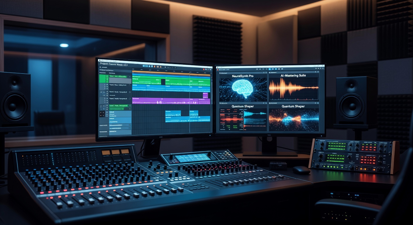 Ultra-realistic 8K image of a professional music production studio with large monitors displaying Ableton Live interface loaded with multiple AI-powered VST plugins, high-end audio interface and mixing console visible, dramatic cinematic lighting