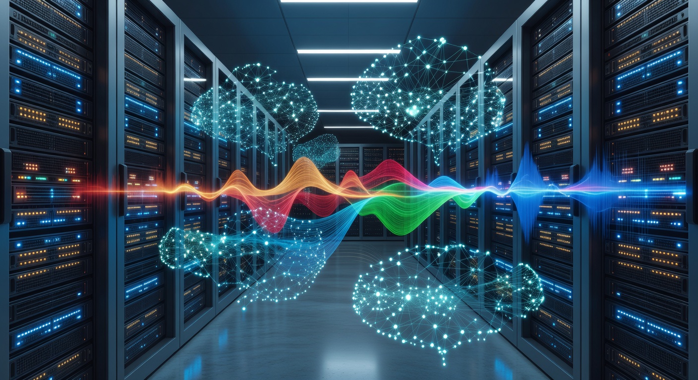 Hyper-detailed 8K image depicting the training of deep learning models on massive music datasets on a server rack, with visual representations of audio spectrograms and neural architectures