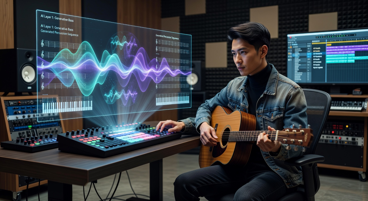 Ultra-realistic 8K studio scene showing a musician collaborating with AI generated musical elements displayed as holographic projections above an Ableton Live controller