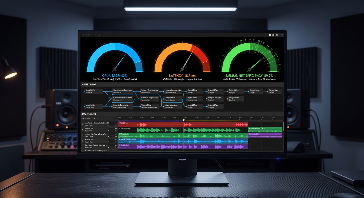 Photorealistic 8K performance monitoring dashboard displaying CPU usage, latency metrics, and neural network efficiency for AI VST plugins running in a complex Ableton Live project