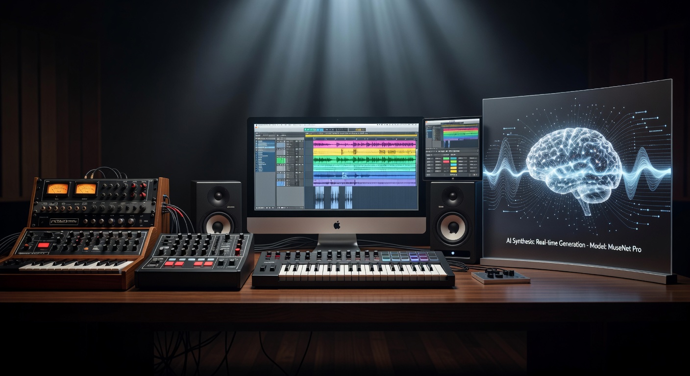 Cinematic ultra-realistic 8K timeline visualization showing evolution of music production technology from analog synths through digital VST plugins to modern AI integrated systems