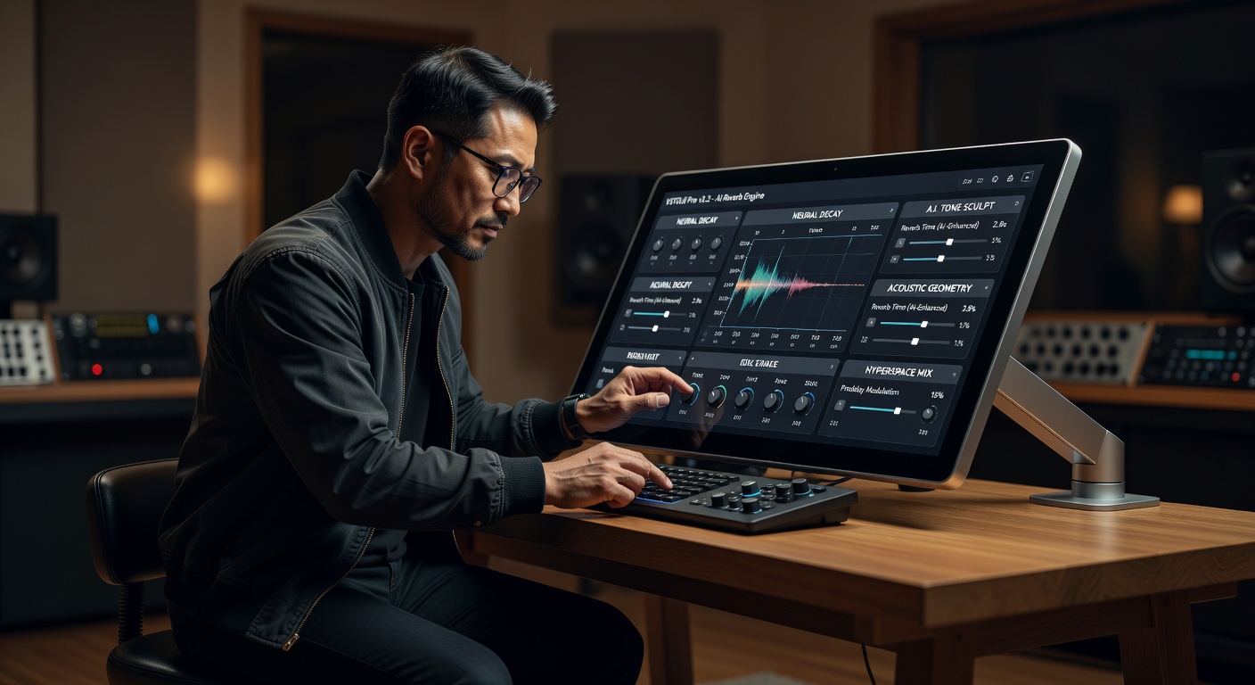 Ultra-detailed 8K image of a touch-screen interface running a VSTGUI-designed intelligent reverb plugin with AI parameters being adjusted by sound designer in studio
