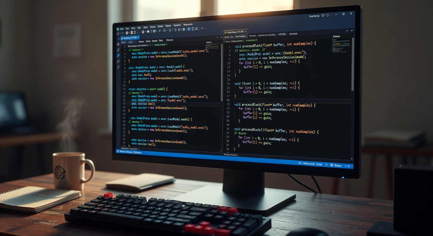 Photorealistic 8K view of Visual Studio IDE with Steinberg VSTSDK project open, showing ONNX model integration code alongside audio DSP functions