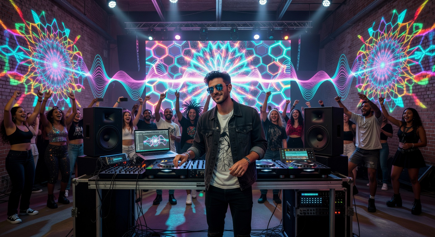 Dynamic ultra-realistic 8K concert scene of live electronic music performance using Ableton Live with AI-powered VST plugins generating both audio and synchronized visual effects