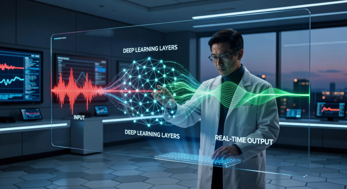 Scientific yet photorealistic 8K image illustrating digital signal processing pipeline enhanced with multiple deep learning layers for adaptive audio enhancement in real-time