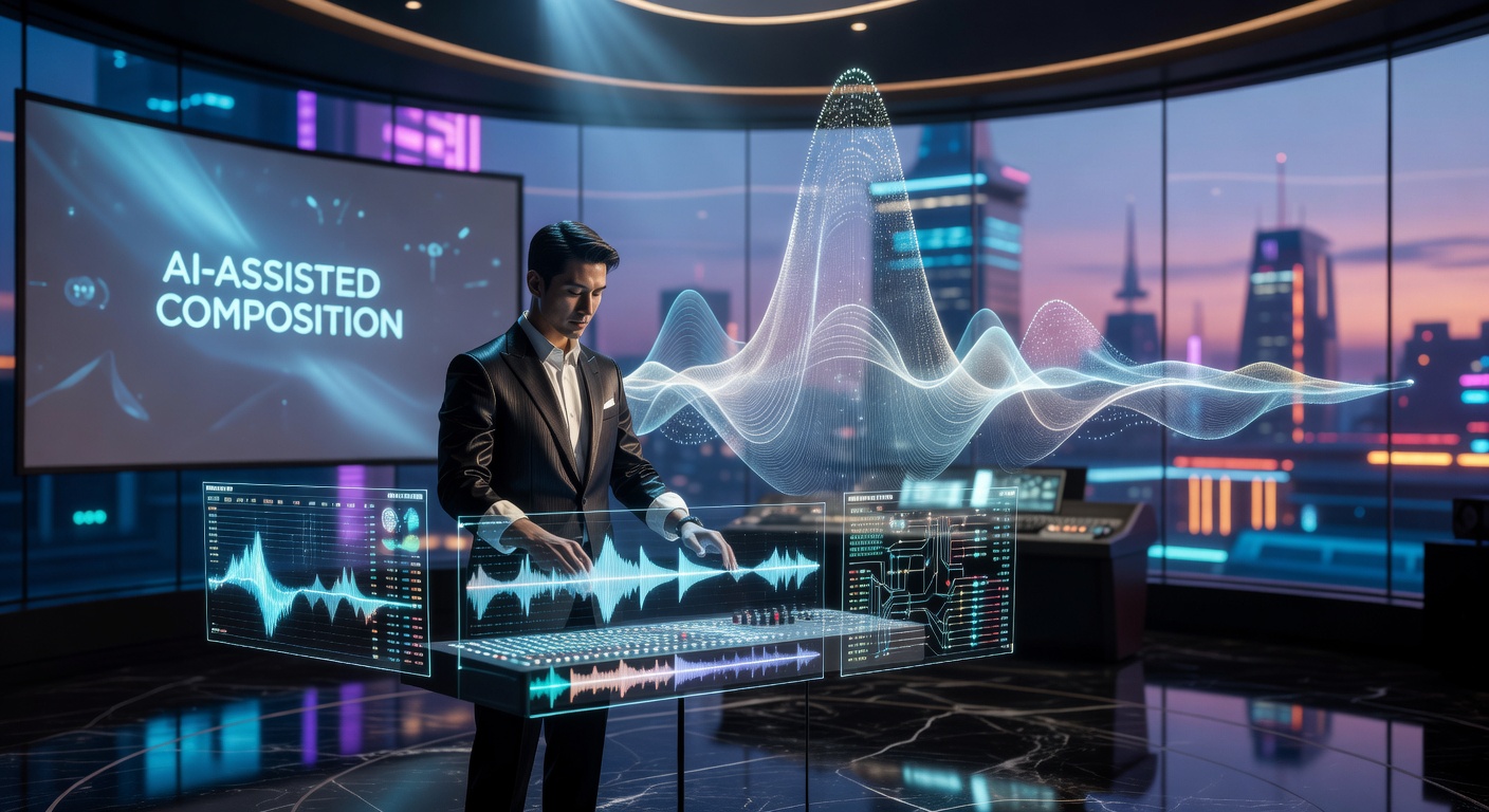 Visionary ultra-realistic 8K depiction of future music production environment with seamless integration of AI, holographic interfaces, and advanced Steinberg VST technology
