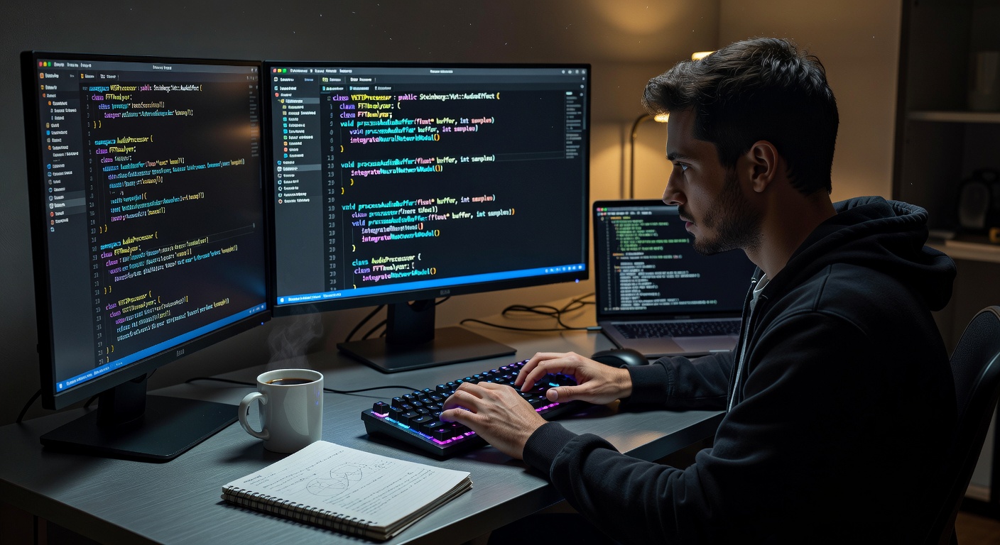 Photorealistic close-up 8K image of a developer writing C++ code for Steinberg VSTSDK on a powerful workstation, multiple screens showing syntax-highlighted audio processing classes and neural network integration