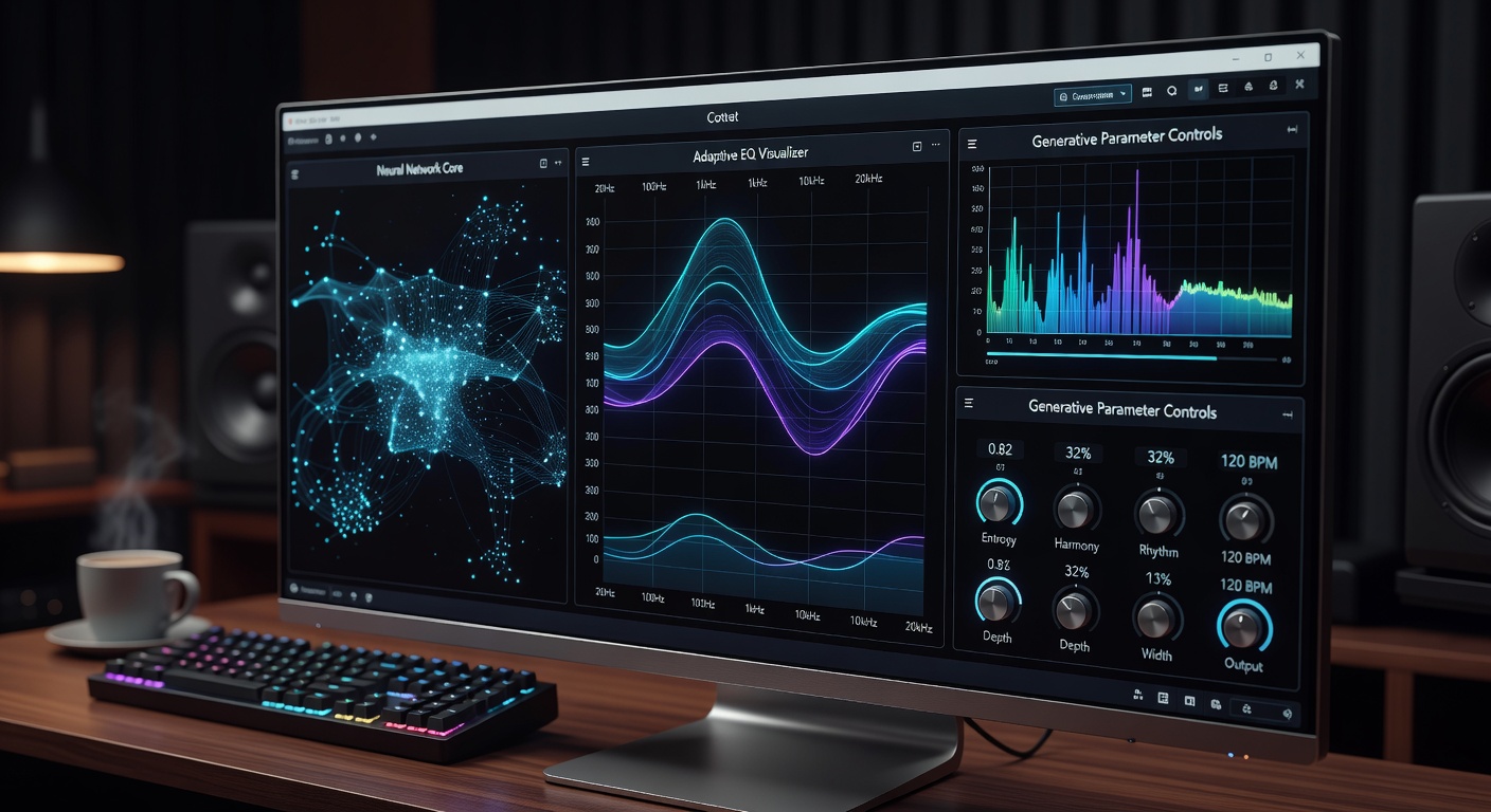 Ultra-detailed 8K image of an advanced VST plugin GUI created with VSTGUI featuring neural network controls, adaptive EQ curves, generative parameter dials with dark modern aesthetic on computer monitor