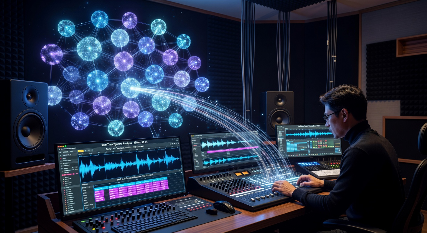 Hyperrealistic 8K visualization of artificial intelligence neural networks processing real-time audio waveforms and MIDI data for music generation, glowing connections and data flows in professional studio setting