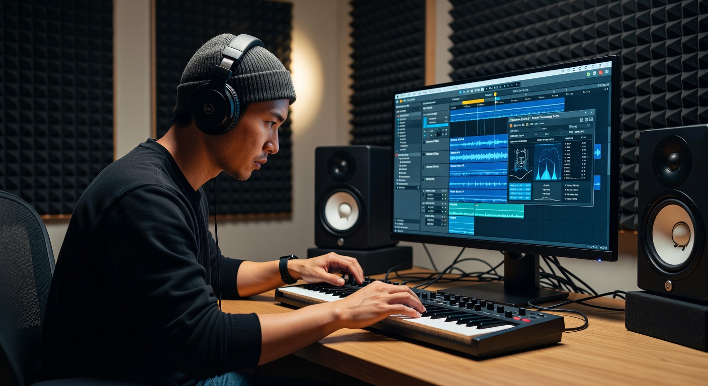 Ultra-realistic 8K photograph of a music producer wearing headphones intensely interacting with AI-assisted VST plugins inside Ableton Live session view on a high-end desktop computer setup